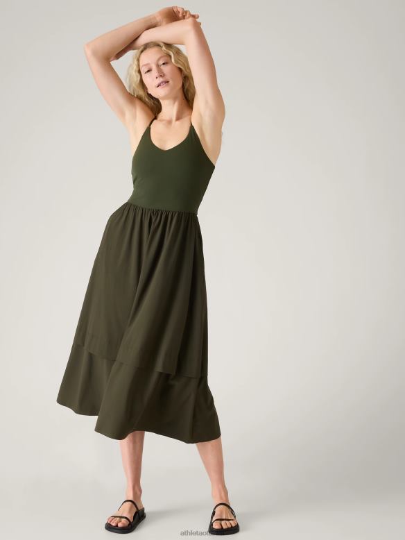 Athleta Elation V-Neck Hybrid Dress Women Aspen Olive Clothing VHFL2782