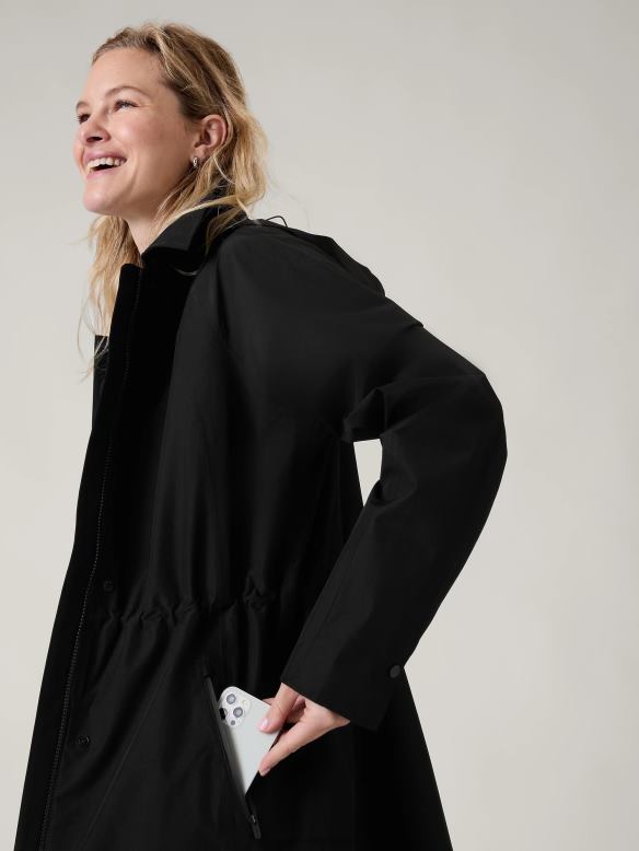 Athleta Rainout Mac Coat Women Black Clothing VHFL2570