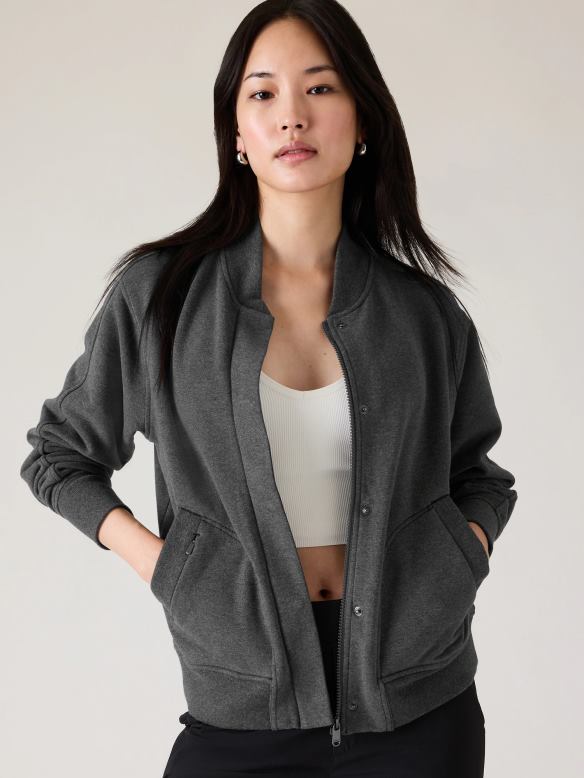 Athleta Retroplush Bomber Jacket Women Charcoal Grey Heather Clothing VHFL2585