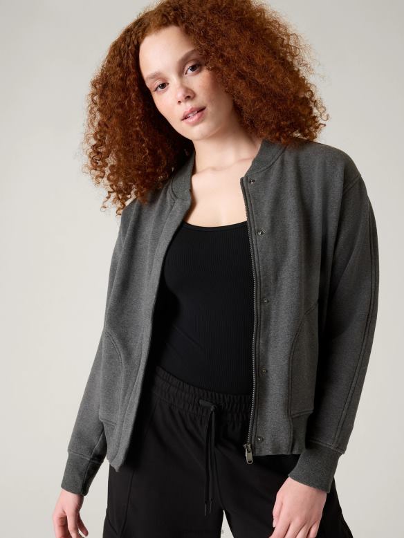 Athleta Retroplush Bomber Jacket Women Charcoal Grey Heather Clothing VHFL2585