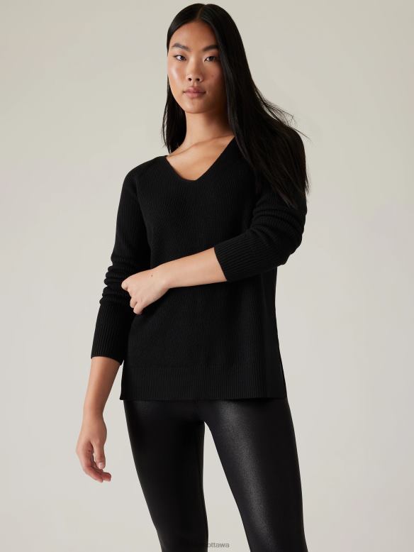 Athleta Hanover Refined V-Neck Sweater Women Black Clothing VHFL2474