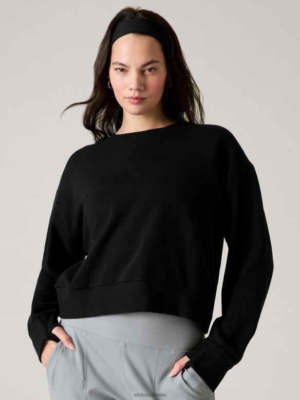 Athleta Retroplush Revive Crewneck Sweatshirt Women Black Clothing VHFL2506